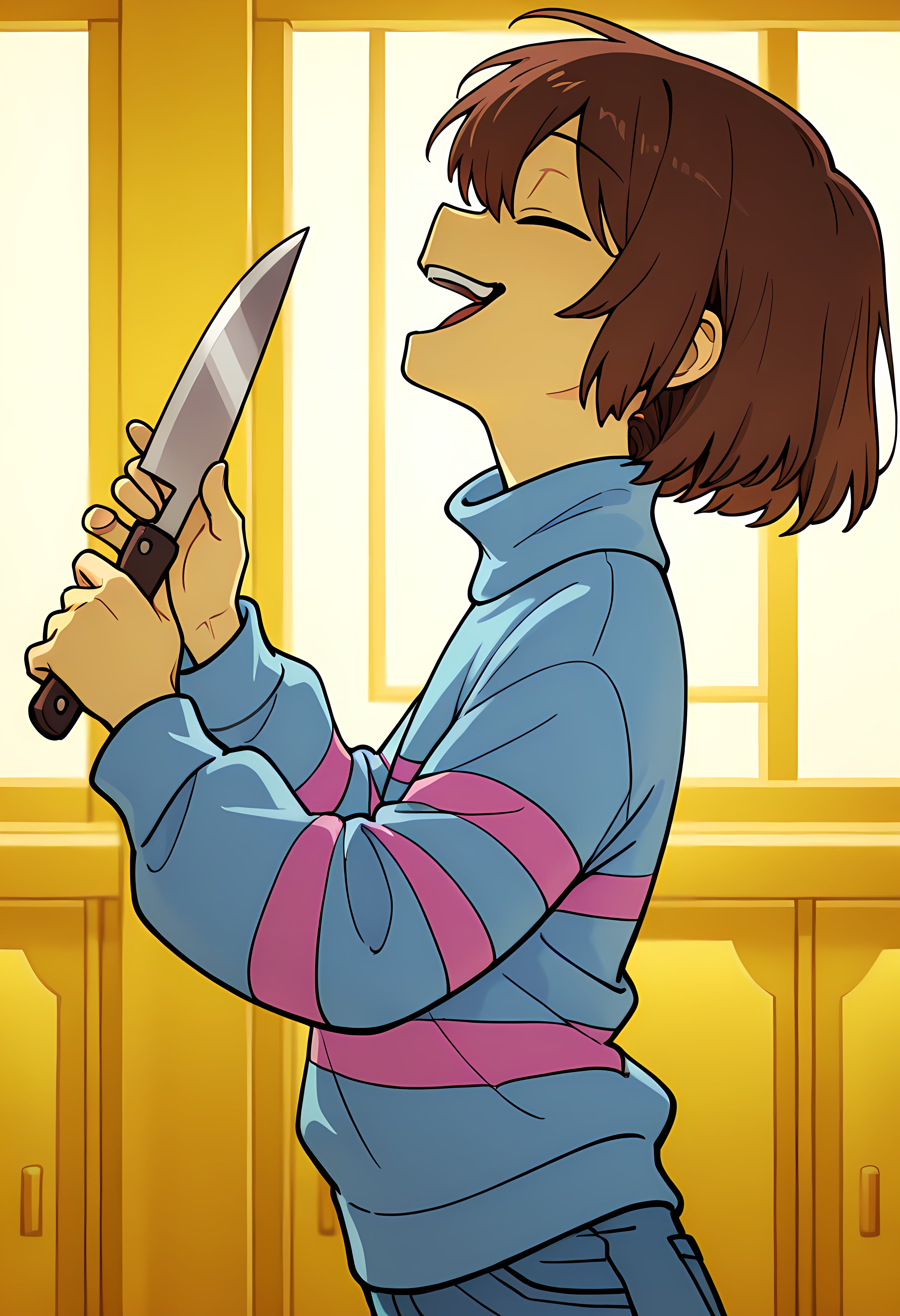 1 girl,,short hair, purple outfit,  frisk , brown hair, closed eyes,,, sweater, evil smile,, solo, striped sweater, open mouth, striped, ,  shorts,blue shirt,purple striped shirts, <lora:Frisk_new_ill:1>,turtleneck,frisk,pantyhoes<lora:add-detail-xl:1>,masterpiece,best quality,amazing quality,very aesthetic,absurdres,newest,huge filesize,<lora:spo_sdxl_10ep_4k-data_lora_webui:0.5>,detailed background,from side,upper body,yellow hall,,,holding a single knife,judgment hall ( undertale ),