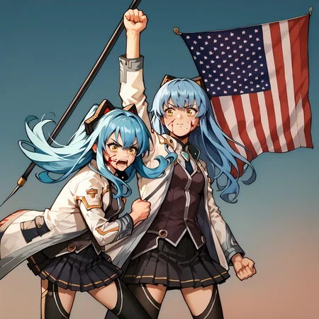 score_9, score_7_up, BREAK,
<lora:tio2:1> tioplato, long hair, blue hair, yellow eyes, tiocs, white jacket, pleated skirt, thighhighs, fake animal ears,
<lora:assassinationattemptv1:1>, assassinationattempt, american flag, flag, 2girls, blue sky, arm up, clenched hand, blood on face, pole,