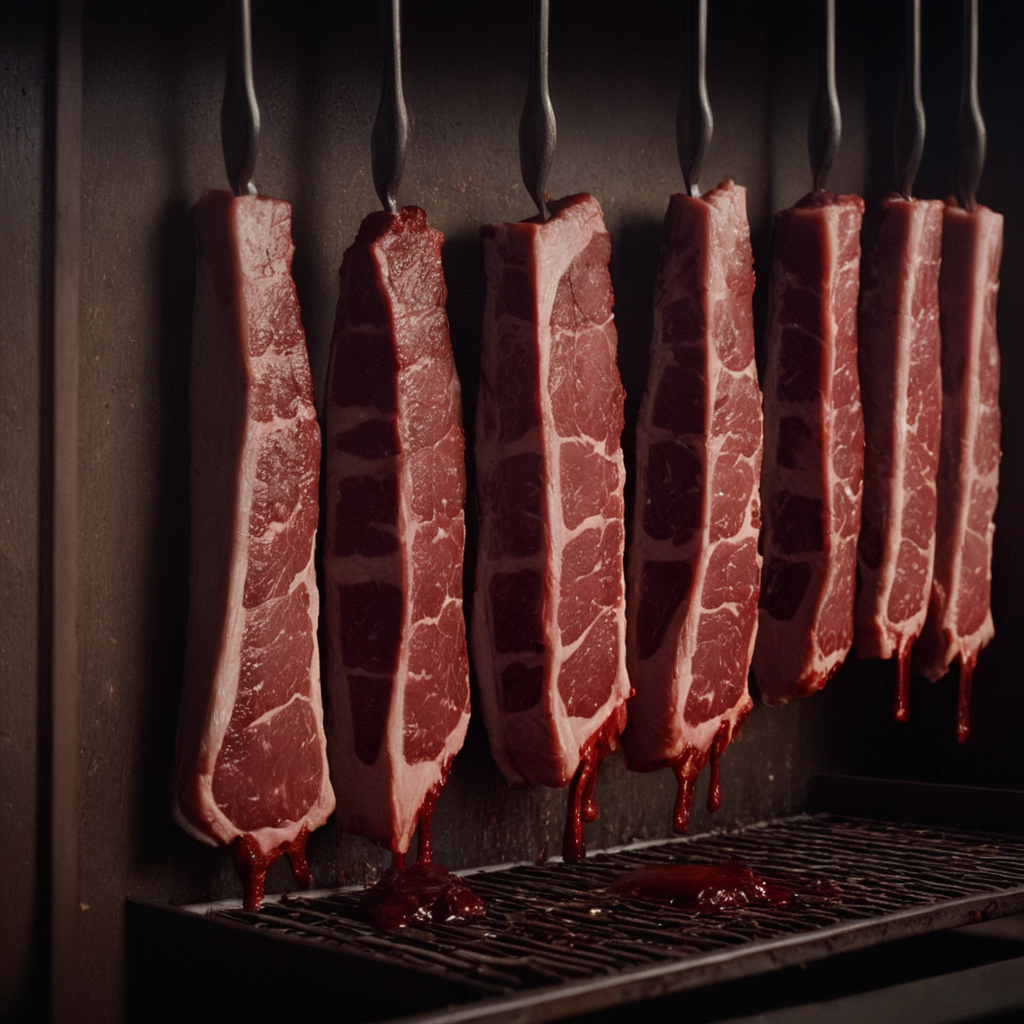 cinematic film still of  <lora:Ron Fricke style:1>
a bunch of meat hanging from a rack,holding,blurry,blood,knife,holding knife,blood on hands , realistic, realism, movie still, film grain, kodak film, film contrast, film color, cinematography, documentary, photography, 70 mm film, 65 mm film, Todd-AO, Todd-AO 35, 8K resolution, Ron Fricke film director style, Ron Fricke film directing style, Ron Fricke style, shallow depth of field, vignette, highly detailed, high budget, bokeh, cinemascope, moody, epic, gorgeous, film grain, grainy