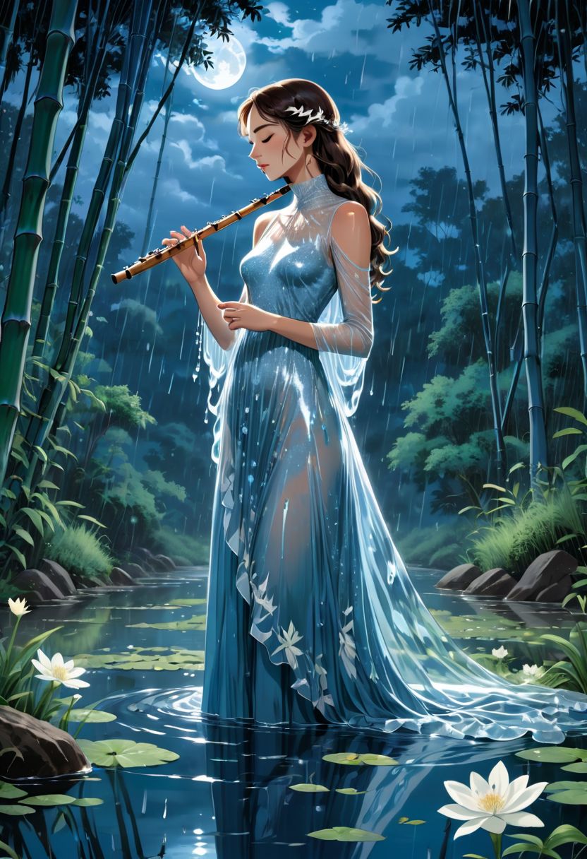 Studio Ghibli style, best quality, high resolution, 8k aesthetic, mesmerizing celestial moonlight, 
 a field of white flowers. stands a women in a blue dress playing a traditional blue bamboo flute. trees with white leaves rest in the background. the cloudy sky breaking to reveal the blue moon. rain is pouring across the landscape as heavy wind blows the white flowers that flood the ground. lightning strikes in the background directly  hyper realistic. Epic scene like a dream. Leaves are fluttering around the women. The flute letting out small musical notes that wrap around the female. The world is majestic with wildlife showing up to listen. Deer laying near by watching and listening to the female. As she stands on a river her dress made of beautifully detailed water. Bunnies rest by the river watching her. Beautiful masterpiece of art.. beautiful contrast of the light along the water which has an incredible reflection. she is playing the flute letting the notes come out of the flutes tip. standing on water. tiptoeing. closed eyes. dress made of water on the female. high aspect ratio. beautiful composition. detailed textures. realisitc. beautiful detailed moon. blowing into the flute.