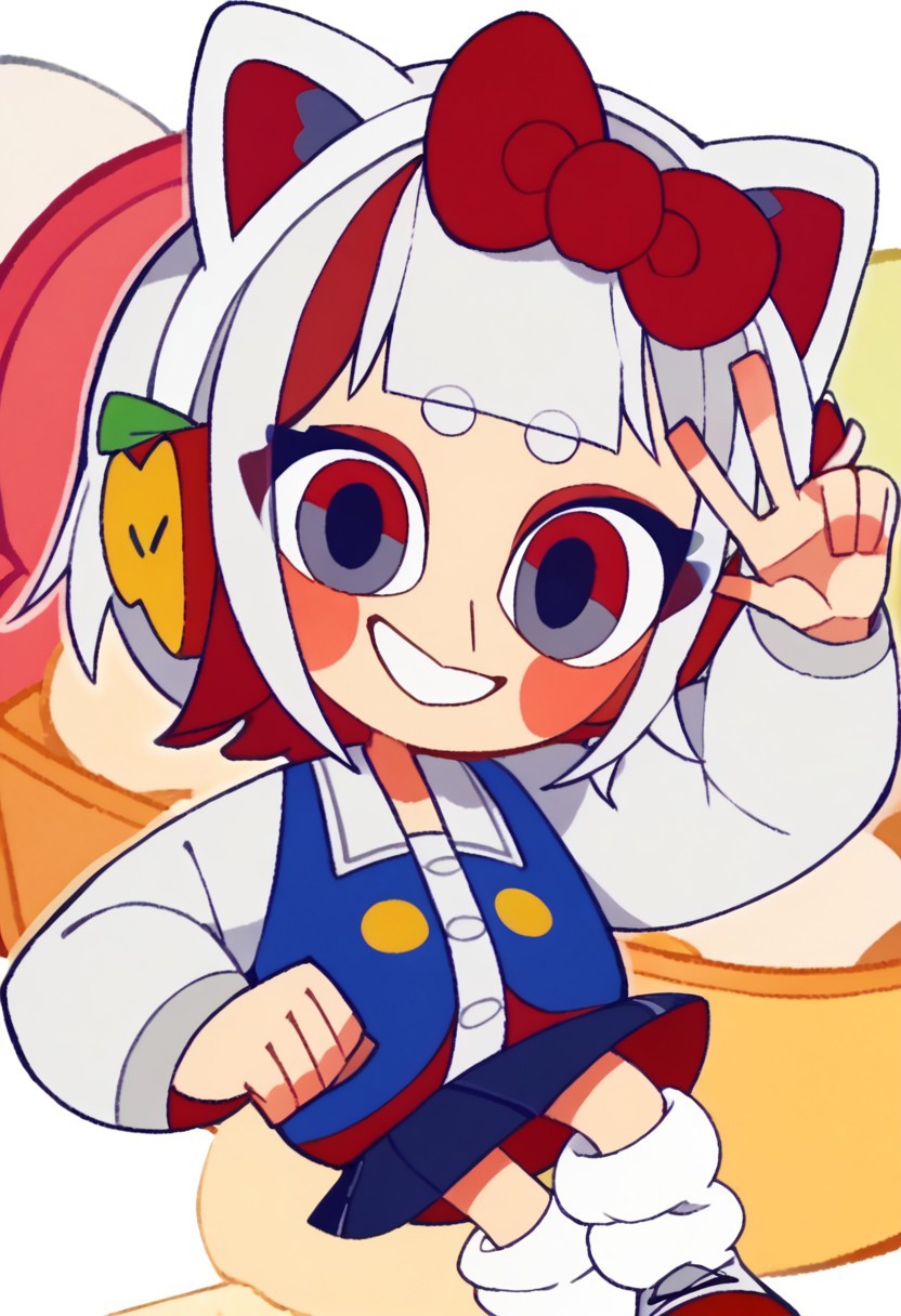 score_9, score_8_up, score_7_up BREAK HKGrl, 1girl, white hair, white bob cut, red gray eyes, pink cheeks, red hair bow, apple hairclips, white red cat ears, open white blue red yellow-button jacket, white buttoned undershirt, pleated dark blue skirt, long loose socks, red white shoes, full body, closed smile, winking at viewer,
