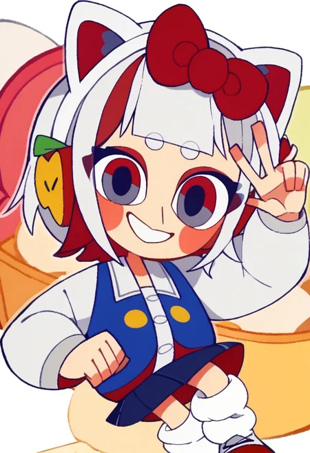 score_9, score_8_up, score_7_up BREAK HKGrl, 1girl, white hair, white bob cut, red gray eyes, pink cheeks, red hair bow, apple hairclips, white red cat ears, open white blue red yellow-button jacket, white buttoned undershirt, pleated dark blue skirt, long loose socks, red white shoes, full body, closed smile, winking at viewer,