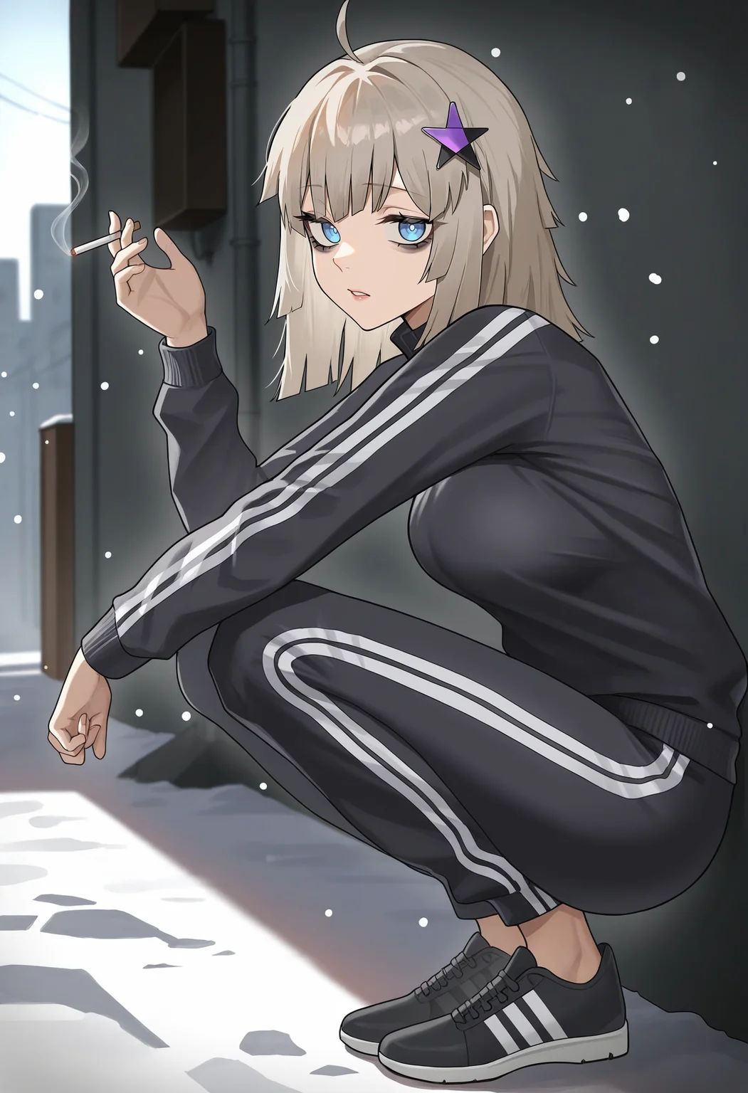 very awa, masterpiece, best quality, year 2024, newest, absurdres, highres, 1girl, aa-12 \(girls' frontline\), <lora:Illustrious_Anteiru_Style:0.714285>, solo, from side, holding cigarette, squatting, against wall, alternate costume, black track suit, adidas, vertical-striped clothes, black footwear, medium breasts, blue eyes, lips, bags under eyes, black eyeliner, bored, looking at viewer, cold, snow, snowing, outdoors, alley, day