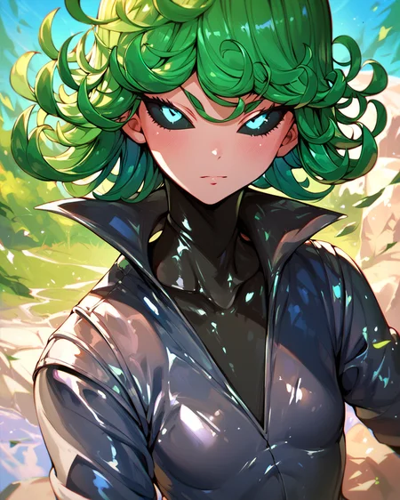 score_9, score_8_up, Tatsumaki, robot girl, android, metal skin, shiny skin, black sclera, glowing eyes, smooth shading, outdoors, metal clothes, <lora:Robotization_Pony:0.7>, score_9, score_8_up,