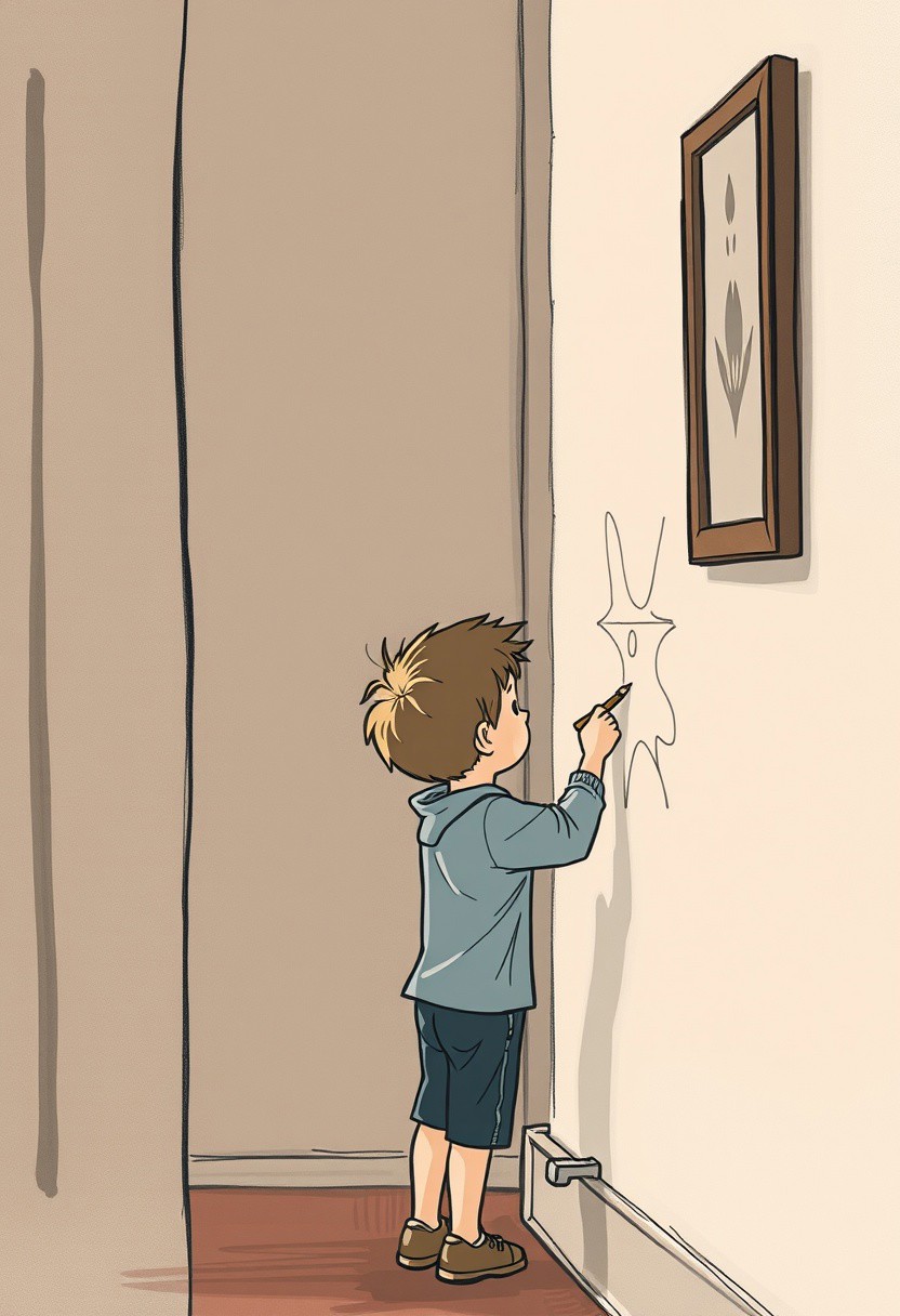 A boy secretly sketching on the wall while his parents are distracted, his cartoonish outline blending into an elegant, moody background reminiscent of a Whistler painting. The mix of humor and refined artistry makes the scene both lighthearted and sophisticated.
gentle nostalgia, soft impressionistic brushwork, expressive yet minimal linework, delicate tonal variations, muted color palette, subtle humor, sentimental storytelling, everyday domestic life, atmospheric elegance, painterly textures, warm and inviting compositions, sketch-like spontaneity, lighthearted yet sophisticated, harmonious color balance, intimate portraits, timeless simplicity, refined yet playful, cartoon realism, expressive character gestures