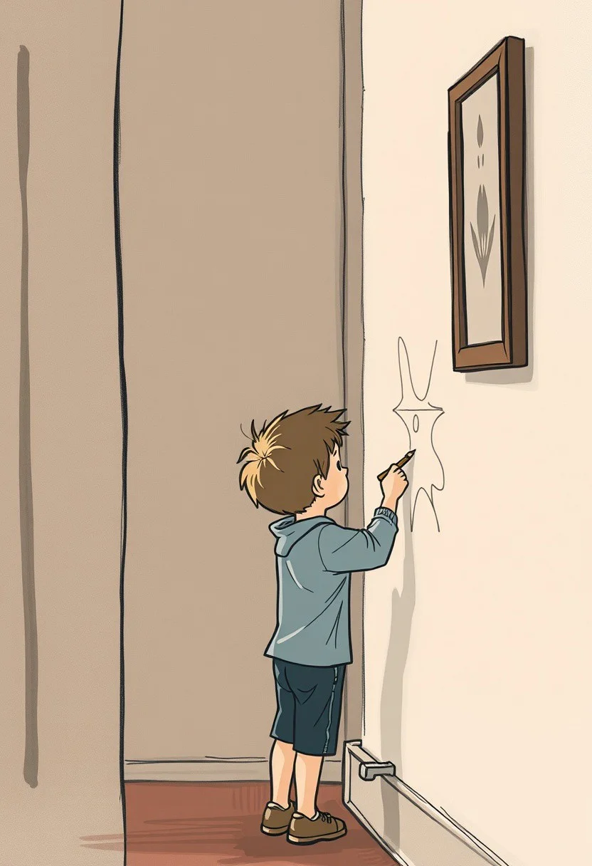 A boy secretly sketching on the wall while his parents are distracted, his cartoonish outline blending into an elegant, moody background reminiscent of a Whistler painting. The mix of humor and refined artistry makes the scene both lighthearted and sophisticated.
gentle nostalgia, soft impressionistic brushwork, expressive yet minimal linework, delicate tonal variations, muted color palette, subtle humor, sentimental storytelling, everyday domestic life, atmospheric elegance, painterly textures, warm and inviting compositions, sketch-like spontaneity, lighthearted yet sophisticated, harmonious color balance, intimate portraits, timeless simplicity, refined yet playful, cartoon realism, expressive character gestures