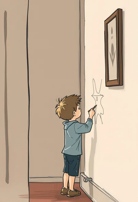A boy secretly sketching on the wall while his parents are distracted, his cartoonish outline blending into an elegant, moody background reminiscent of a Whistler painting. The mix of humor and refined artistry makes the scene both lighthearted and sophisticated.
gentle nostalgia, soft impressionistic brushwork, expressive yet minimal linework, delicate tonal variations, muted color palette, subtle humor, sentimental storytelling, everyday domestic life, atmospheric elegance, painterly textures, warm and inviting compositions, sketch-like spontaneity, lighthearted yet sophisticated, harmonious color balance, intimate portraits, timeless simplicity, refined yet playful, cartoon realism, expressive character gestures