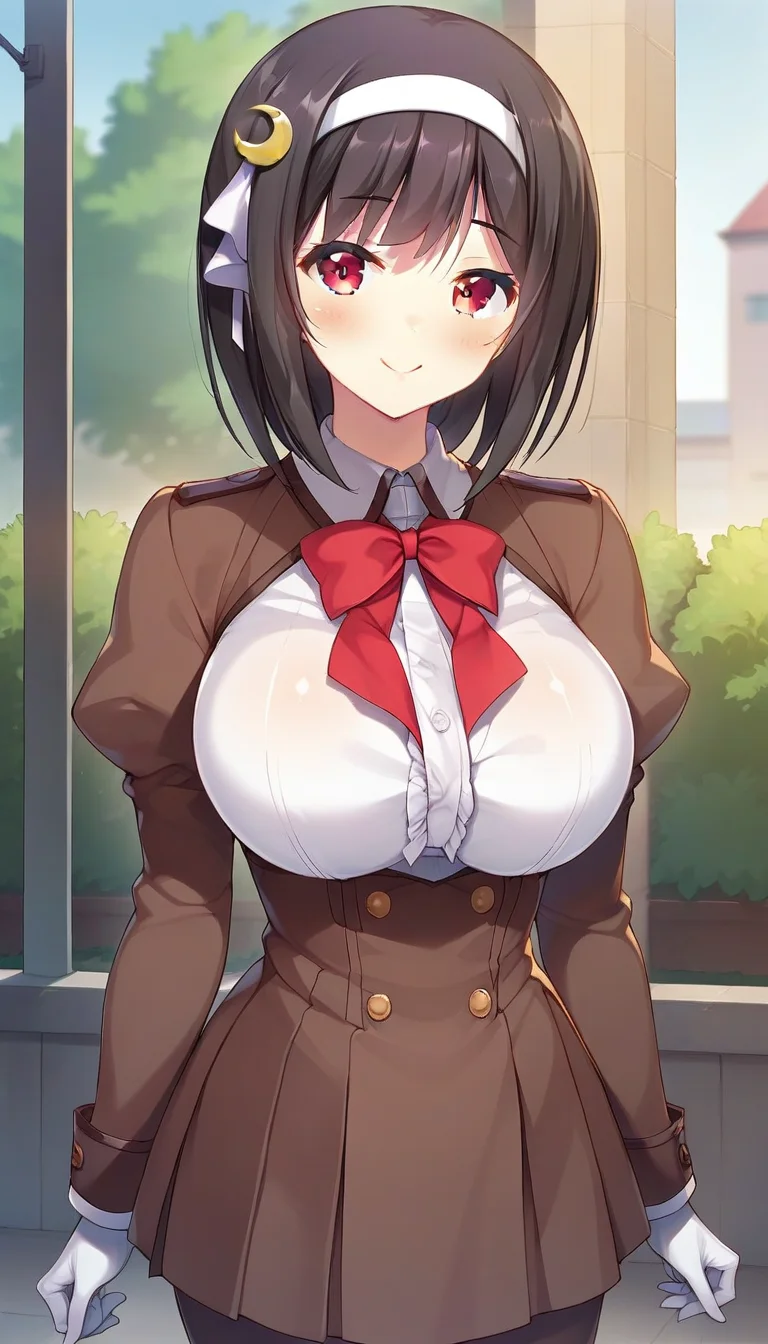 score_9,score_8_up,score_7_up,score_6_up BREAK official art,solo,outdoors,cowboy shot,looking at viewer,facing viewer,smile,blush,Takahashi Yuuka,medium hair,black hair,crescent hair ornament,white hairband,hair ribbon,white ribbon,bangs,red eyes,school uniform,suspender dress,brown dress,short dress,frilled dress,buttons,red bowtie,white shirt,collared shirt,center frills,long sleeves,puffy sleeves,juliet sleeves,white gloves,large breasts,underbust,pleated skirt,brown pantyhose,loafers,<lora:Takahashi Yuuka(fyps)-Pony:1.4>,