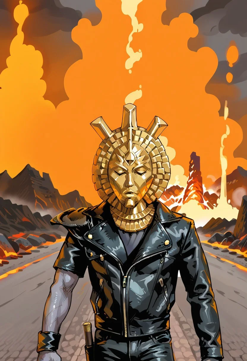 score_8, score_8_up, score_7_up, source_anime, anime screenshot, 1boy, solo, male focus, DagothUr_TES3, grey skin, colored skin, gold mask, mask, third eye, gorget, gold gorget, Road_Wargear, leather jacket, asymmetrical clothes, asymmetrical sleeves, single pauldron, zipper, zipper pull tab, cowboy shot, black pants, leather pants, outdoors, volcano, lava,