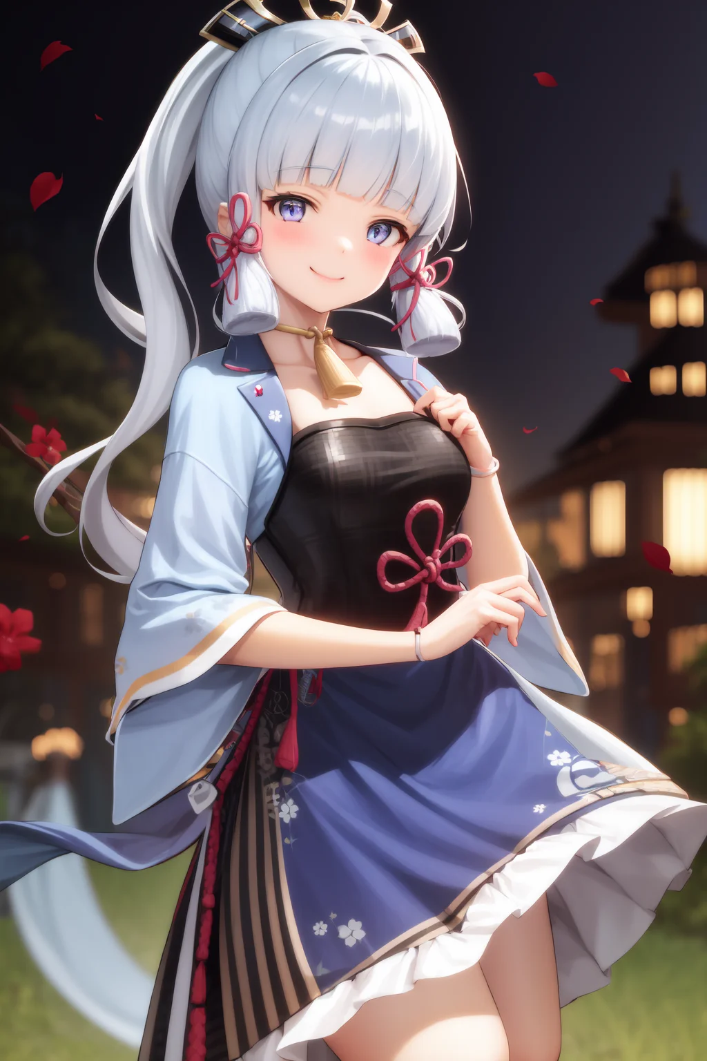 masterpiece, highres, best quality, 1girl solo, kamisato_ayaka, smile, alternate costume, without armor, dress, kimono <lora:kamisato_ayaka:1.0>