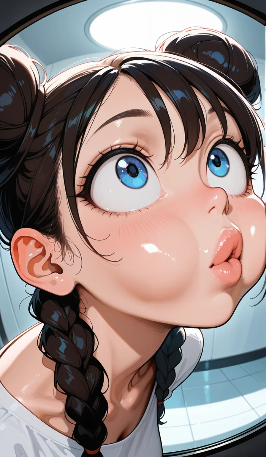 amazing quality, best quality, newest, (toon \(style\)), realistic, (fisheye:1.6)
adult woman, thick cheeks, looking up, big eyes, bun with braided base,