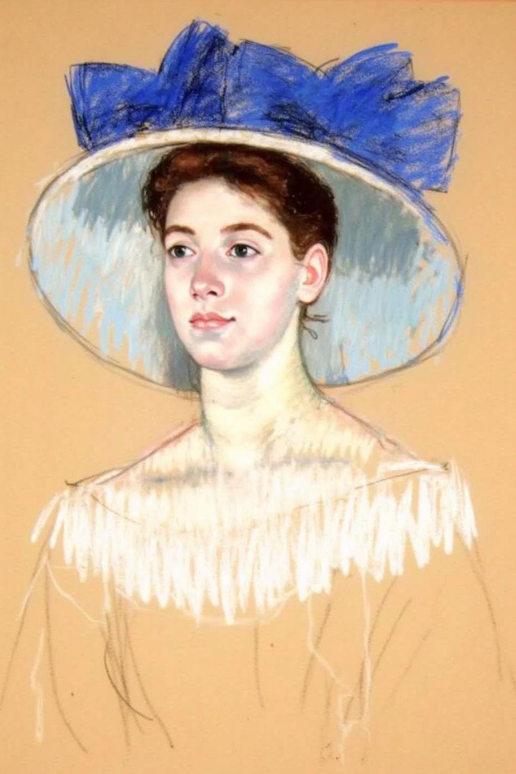 marycassatt2 drawing.
A young woman is depicted with a serene expression. She has dark hair styled neatly under a large, wide-brimmed hat adorned with blue ribbons. <lora:marycassatt2_cap_d6a3:1.0><lora:840631748443333283:0>