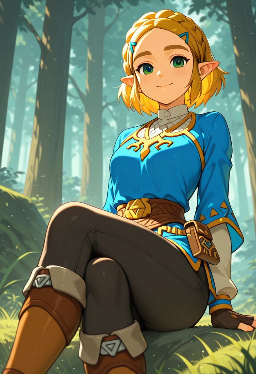 masterpiece, best quality, amazing quality BREAK zelda1x, tunic, leggings,  forest, smile,  <lora:Zelda:1>