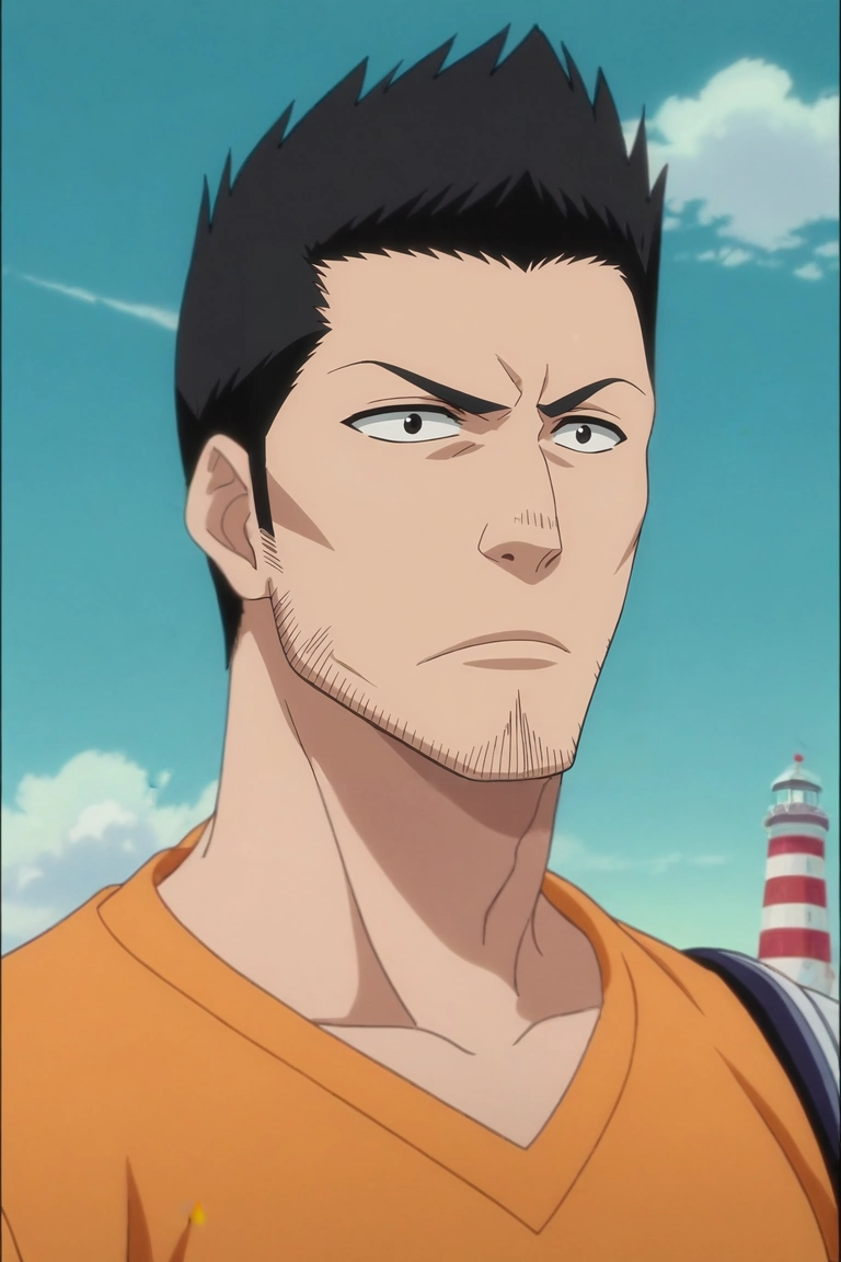 score_9, score_8_up, score_7_up, , rating_safe, , anime screencap, anime coloring, , , 1boy, solo, male focus, <lora:isshin_kurosaki_pony:1>, isshin_kurosaki, black hair, black eyes, short hair, spiked hair, facial hair, stubble, beard, lighthouse, stormy sea, crashing waves, rocky coast, looking out, concerned expression, overcast sky, ,, <lora:sdxl_lightning_8step_lora:1>