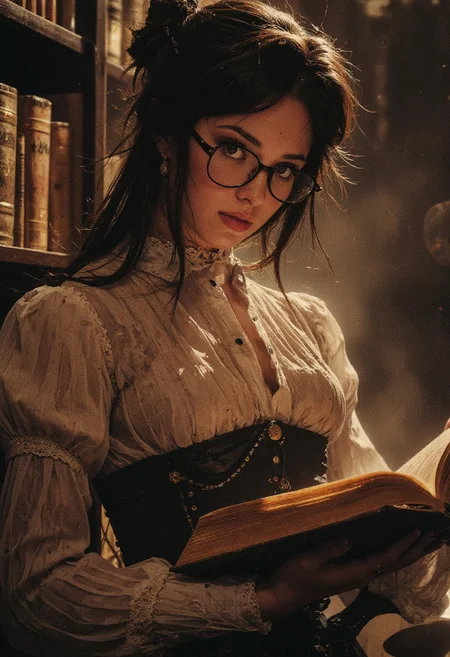 Presented like an ancient Egyptian pharaoh carved in black sandstone, super close-up portrait of a voluptuous vintage librarian, dressed in a Victorian-inspired, buttoned-up yet teasingly fitted blouse with a corset waist, delicate lace cuffs, and a long flowing skirt. Her dark-rimmed glasses rest low on her nose, and she peers over them with a knowing, intense gaze, lips slightly parted. Rich, wavy hair is pinned up in a loose, scholarly updo, with a few rebellious strands escaping. She holds a heavy, leather-bound tome, its gilded pages glowing softly in the dim, atmospheric library lighting. A faint dust of ancient knowledge lingers in the air. Deep, moody lighting casts intricate shadows over the towering bookshelves behind her, filled with forbidden and forgotten texts. Her freckles and flushed cheeks add to the mystery of her presence. Cinematic composition, hyper-detailed textures, Leica Q2 with Summilux 35mm f/1.2 ASPH, ultra high resolution, 8K, RAW photo, dramatic angle, rich texture details, epic lighting.