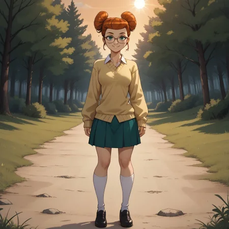 score_9, score_8, BREAK, solo, green eyes, red hair, orange hair, pompadour, single hair bun, hair bun, glasses, sweater, socks, skirt, green skirt, white socks, collared shirt, yellow sweater, black footwear, shoes, total drama, Scarlett_(Total_Drama), tdpi, sexy pose, self portrait, smile, outdoors, sunlight, shadows, evening lighting, natural lighting, forest, trees, grass, orange sky, sunset