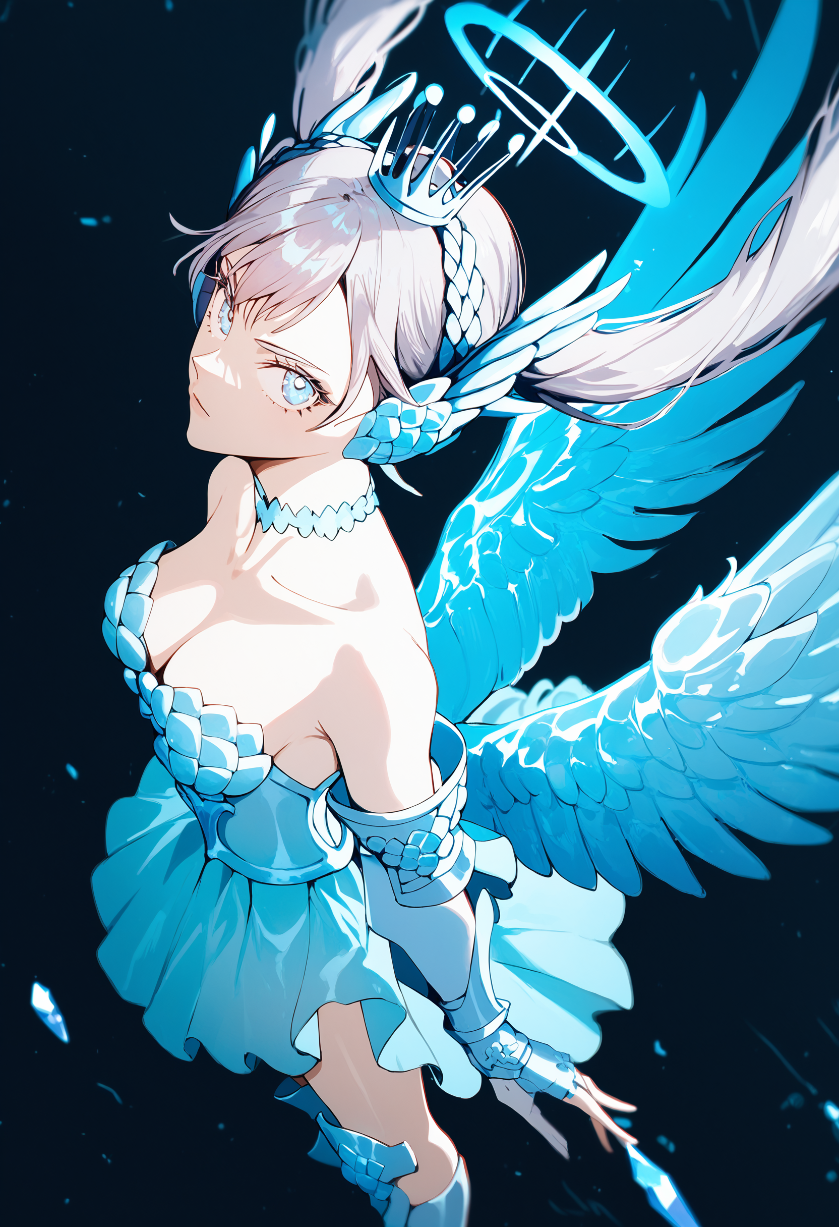 score_9, score_8_up, score_7_up, score_6_up, best quality, masterpiece,
noelle silva, 1girl, halo, armor, solo, wings, valkyrie, crown, grey hair, crystal wings, gauntlets, blue eyes, twintails, looking at viewer, blue choker, feathered wings, armored dress, bare shoulders, choker, cleavage, greaves,
from above, from side, black background
<lora:avian_mge_concepts_v11:1>