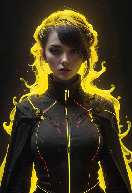 (star wars inquisitor:1.5), (circle hard powerful black white red yellow smoke fire neon:1.8), bdsm, collar cyberpunk Samurai jacket, (female, black pink slim skin:1.2), Large linen cape, (nice face, very angry:1.2), (bdsm harness, tight huge massive firm breasts:1.7), surrounded by a detailed spacescape with translucent dark-amber Highlights, (black neon, emissive), (yellow particules, hyper-detailed,:1.4) sharp, high resolution, high quality, 32K, Ultra realistic, HD, super detailed, line art, abstract style, (full body, shinny, wavy hair:1.3),