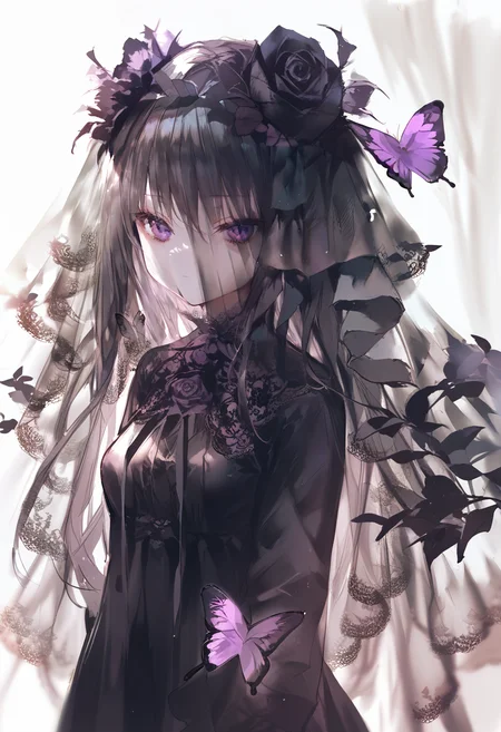 score_9, score_8_up, score_7_up, score_6_up, <lora:oninekoXL_TPN55_lokr_V43P1:0.95> 1girl, butterfly, bug, solo, veil, black flower, black rose, purple eyes, black hair, long hair, looking at viewer, upper body, flower, dress, black dress, purple butterfly, rose, closed mouth, hair ornament, hair flower, long sleeves, expressionless, white background, breasts, curtains