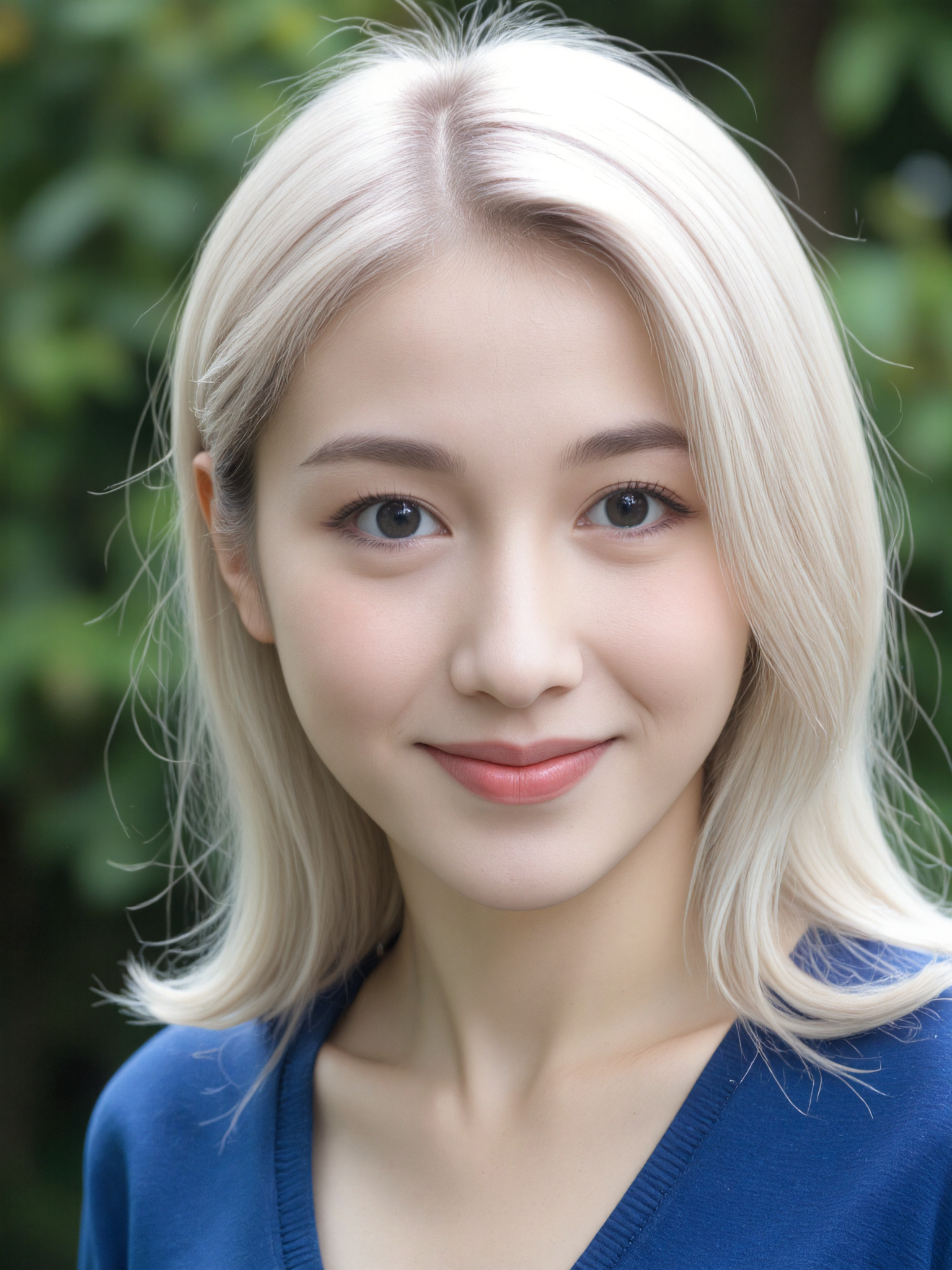 a woman, white hair, blue shirt, light smile, portrait, blurred background