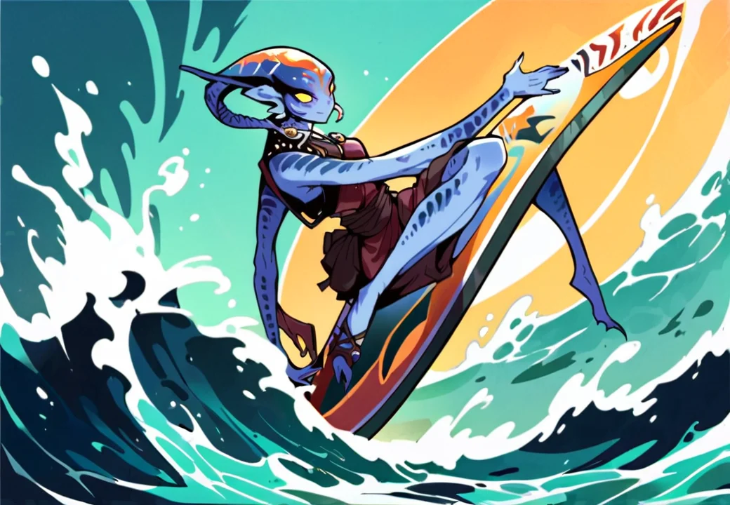 anime artwork score_9, score_8_up, score_7_up, best quality, high quality, highly detailed, cel shading, source_cartoon, <lora:Smooth Style LoRA XL:0.6> <lora:Ajonah_Crucible:0.75> ,ajonahcur surfing, wave riding, surfboard ,alien girl, ridged facial features, no pupils, yellow eyes, blue skin,