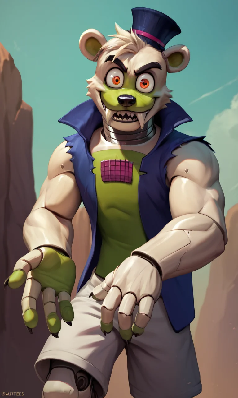 <lora:saucebear_ponyxl-10v1.1:1.7> score_9, score_8_up, score_7_up, BREAK, outdoor, solo, (source_furry), (saucebear), crazy smile, handsome crazy face, (large canines, sabertooth), deep blue hat, bear ears, orange eyes, ((white fur:1.5, green color front chest, green fingers, four fingers on the each arms, metallic neck:1)), (big eyes, big eye sockets), (wearing blue vest), detailed hat, male focus, detailed face, detailed ears, detailed hands, (detailed clothing), (wearing very tight white shorts), looking at viewer, zPDXL2
<lora:Pony_DetailV2.0:1> <lora:add-detail-xl:0.55> <lora:detailed_notrigger:0.35> <lora:ZoroJ:0.3> <lora:Kidde_Jukes:0.4> <lora:Chunie-Pony-XL-v6:0.3> EyeDetail-SDXL