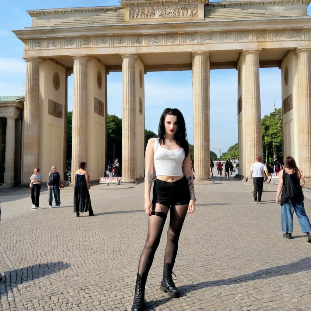 Berlin, Brandenburg Gate, historical architecture, Pariser Platz,
brandenburg gate in berlin, six tall columns, 6 tall pillars, neoclassical columns,
real photo, realistic, photorealistic, outdoor,
cobblestone ground, cobblestone plaza, Pariser Platz.
Summer day, sunshine.
goth rebellious woman, year 1975, Vintage,
Captured with a vintage film camera, Vintage Style, grainy texture.
vintage, AN7A,
woman, female, goth black torn pantyhose, torn pantyhose,
cinematic photo, (vengeful, piercing glare),
1girl, cropped tank top and wide-leg denim,
girl, piercing, rebellious, with tattoos, goth, gothic, black boots,
wide shot, 35mm photograph, highly detailed