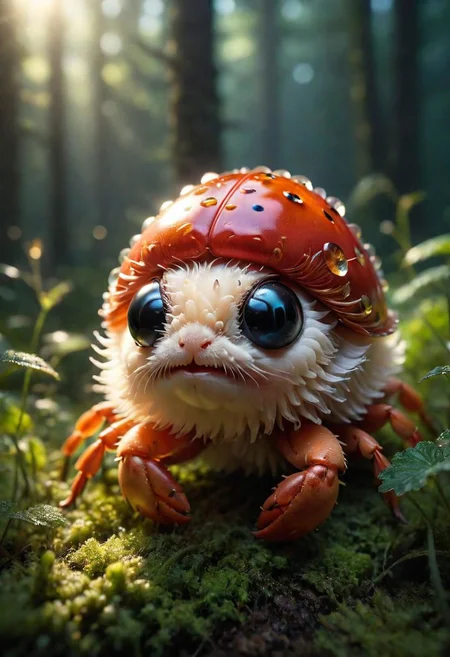 Mix the glowing-mushrooms, lobster and curly fur to create adorable magical ladybug with big glowing eyes, masterpiece, Surrealism, close-up, macro photo, f/1.2, backlighting, Albert Edelfelt, multicolored hair