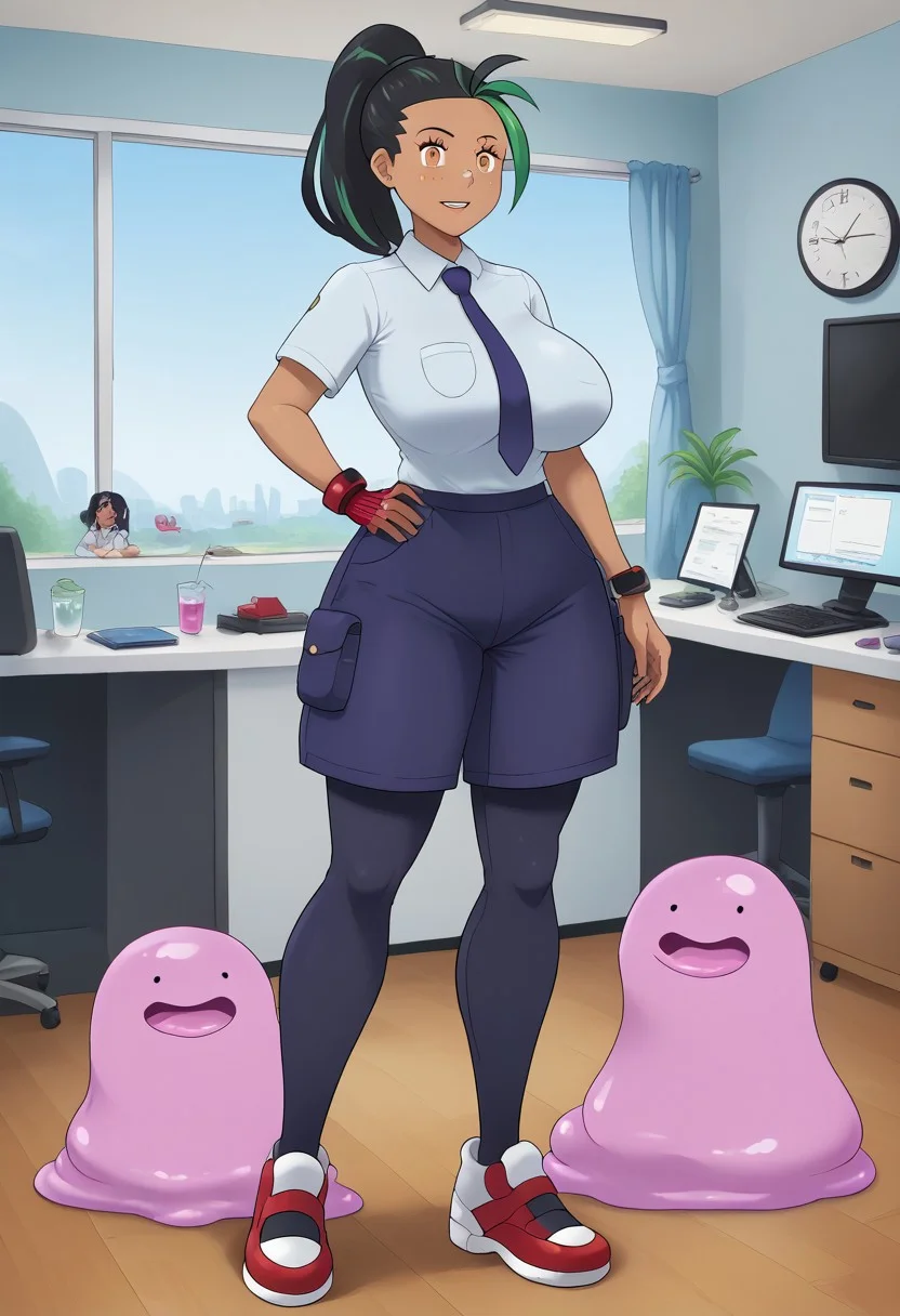 score_9, score_8_up, indoors, Laboratory background, Lab gear, Ditto transformed into Nemona, transformation, DittoUseTransform, (pink slime:1.5), smiley face, ditto_pokemon, ditto_transformation, ditto_transformation 1girl, dot eyes, gooey, slimey, (purple slime:1.5), Uva academy uniform, grey shirt, blue shorts, single glove, pantyhose, multicolored footwear, blue necktie, Freckles, green streak, multicolored hair, streaked hair, blue eyes, black hair, ponytail, hourglass figure, curvy, mature female, (large breasts:1.5), sun