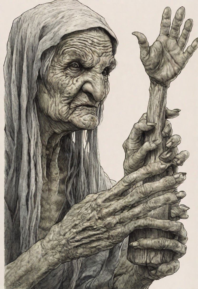 cartoon art, An old woman with long gray hair and a headscarf tied on her head is flying inside a large mortar with a broom in her hands, she has a long crocheted nose1 close up