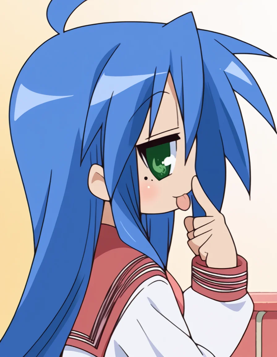score_9, score_8_up, score_7_up, source_anime, <lora:konata-izumi-s1-ponyxl-lora-nochekaiser:1>, konata izumi, long hair, very long hair, green eyes, blue hair, ahoge, mole, mole under eye,, skirt, long sleeves, school uniform, pleated skirt, serafuku, sailor collar, neckerchief, red skirt, ryouou school uniform,, hospital room, bedside, get well flowers, comforting, quiet, , <lora:akanbe-ponyxl-lora-nochekaiser:1>, akanbe, eyelid pull, finger to eye, tongue out, :p, tongue, ;p, blush, leaning forward, bent over, from side,, looking at viewer, solo,, dutch angle, cowboy shot