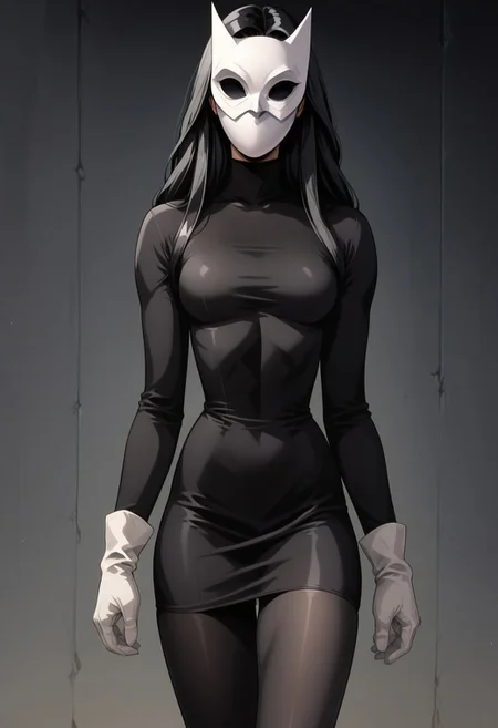 (fr0nt1nn0c3ntStyl3), (Style: Front Innocent), score, score_9, score_8_up, score_7_up, score_6_up, _5_up, score_4_up, source_anime, (masterpiece), high quality, 4k, Artist style: Bruce Timm, DCAU, DC comics, Western Comics, masked_woman, m4skedw0m4n, BREAK, 1woman, Calendar_Girl, (Page Monroe), long hair, black hair, skintight clothing, long-sleeved dress, black dress, black tights, petite, (white mask), (mask:1.6), (monochromatic outfit), gloves, (black eyes:1.5), (no eyes:1.4)