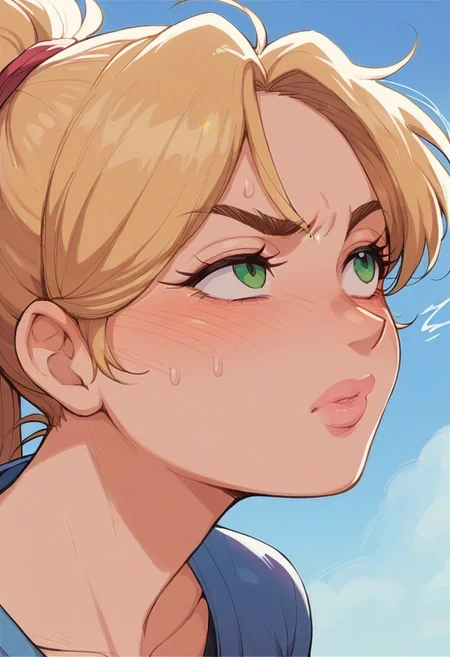 score_9, score_8_up, score_7_up, score_6_up, 1girl, 1boy, 2d, source_anime, anime, bluethebone style, looking up, annoyed, blush, close-up, blonde girl, high ponytail, plump lips, pink lips, green eyes, beautiful face