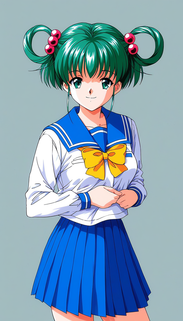 score_9, score_8_up, score_7_up, source_anime, rating_explicit, BREAK  <lora:Tatebayashi_Miharu_XL:1> TatebayashiMiharu, hair rings, hair ornament, hair bobbles, green hair, bangs, short hair, green eyes, medium breasts, 
solo, school uniform, skirt, long sleeves, pleated skirt, 1990s (style), blue skirt, serafuku, yellow bow, smile, 
looking at viewer, bow, sailor collar, standing, shirt, blue sailor collar