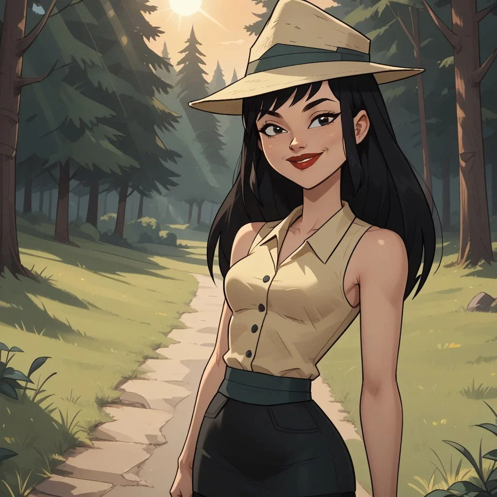 score_9, score_8, BREAK, solo, black hair, fedora hat, sleeveless shirt, black skirt, leggings, sneakers, red lips, lipstick, breasts, total drama, Sky_sister_(Total_Drama), cute, sexy pose, self portrait, smile, looking at viewer, outdoors, sunlight, shadows, evening lighting, natural lighting, forest, trees, grass, orange sky, sunset
