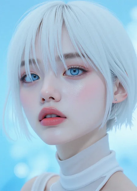 A hyper-realistic close-up of a short haired woman with icy white hair with hair over one eye,  and pale, flawless skin. Her eyes are bright light blue, almost glowing, with digital patterns reflecting in them. Her lips are a glittering light pink, glossy and perfectly shaped. The background is an abstract, digital landscape, with soft gradients and blurred shapes, creating a dreamy, otherworldly atmosphere.

semi-transparent fabric layers that cling to the skin, creating a subtle, alluring effect with the water enhancing the texture.

realistic shine to the hair, with soft highlights following the natural flow and texture. Add subtle variations in color and thickness for a more dynamic look. soft, glossy texture to the lips, with realistic reflections and subtle texturing to emphasize the natural folds and curves.

intricate details to the eyes, with a reflective, slightly glossy sclera and subtle shading to create depth. a delicate eyeliner with a soft wing, blending gently into the lash line to enhance the eyes without overpowering the natural beauty.

One hand resting lightly on her shoulder, eyes looking off to the side thoughtfully while her lips tightly closed
