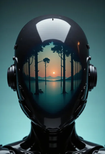 Extreme intricate cinematic head closeup of a faceless, feminine android. Her head is perfectly smooth, gently curved like an abstract sculptureâseamless and featureless, yet unmistakably delicate and feminine. The surface glows with a subtle inner light, shifting between smoky black and deep turquoise, as if lit from behind by moonlit water.
Across the entire surface, a hauntingly beautiful watercolor painting blooms like a living memory. Its forms are dreamlikeâfragmented forests, drifting clouds, hints of wings or petals, dissolving and reappearing in soft layers of translucent pigment. Shades of sea-green, midnight blue, and pale gray bleed gently into one another, touched with occasional sparks of faded gold or ghostly white, as though the painting were still wet.
The composition is asymmetrical and ever-changing. No clear motifsâjust suggestions: a whisper of a landscape here, a silhouette there, dissolving into abstract currents. The watercolor flows naturally with the headâs curves, pooling in hollows, stretching over domes, like paint soaking into fine paper. It feels spontaneous, childlike, and yet profoundly ancient.
Beneath the translucent areas, thin circuit lines glimmer faintly, like forgotten runes beneath a stream, visible only through layers of tinted glass. The impression is at once whimsical and eerie, as if the android were a vessel for a forgotten dream, or a machine designed to remember beauty.