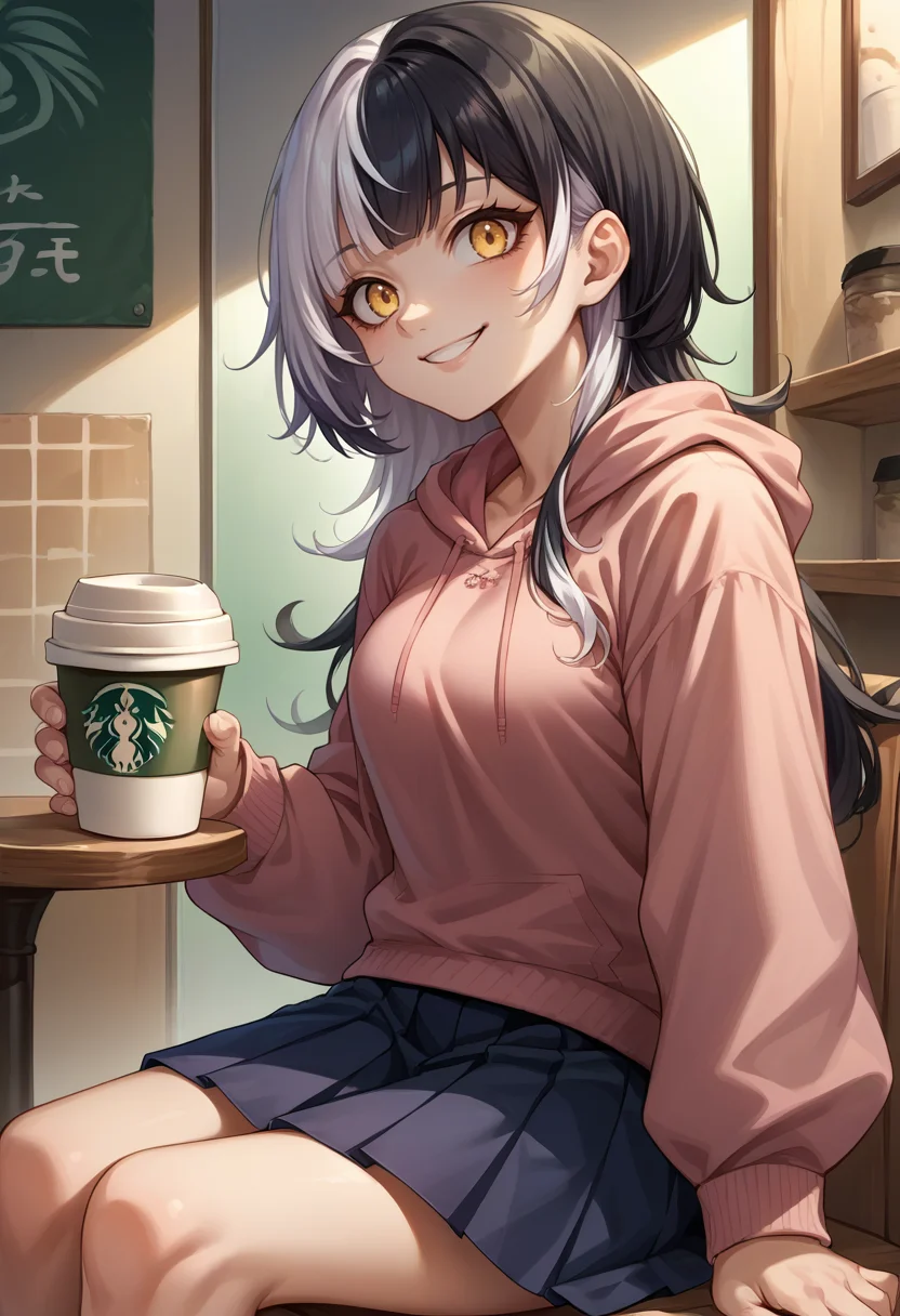 score_9, score_8_up, score_7_up, source_anime, 1girl, solo, ShioriNovella, split-color hair, white hair, black hair, yellow eyes, long hair, sitting, coffee shop, hoodie, pleated skirt, smile, <lora:ChamShioriNovella:1>