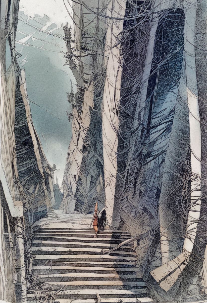 score_9, score_8_up, score_7_up, by Serpieri, woman, stairs, cloaked figures, machinery