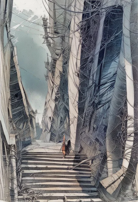 score_9, score_8_up, score_7_up, by Serpieri, woman, stairs, cloaked figures, machinery