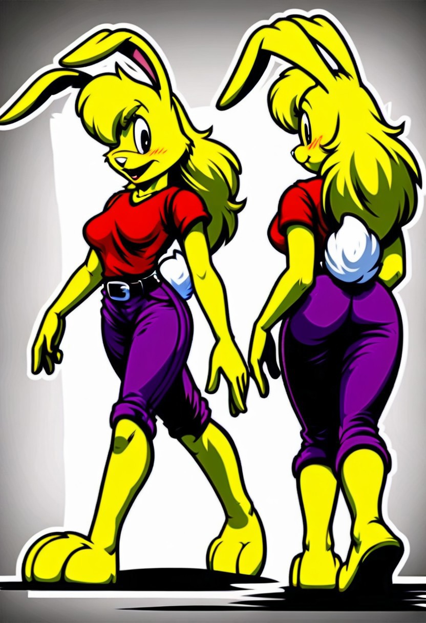 score_9, score_8_up, score_7_up, score_6_up, score_5_up, score_4_up, retro artstyle, BREAK 
LoriJackRabbitPXL, rabbit girl,long yellow hair,yellow skin,1girl, solo,rabbit tail,yellow skin, animal ears, pants, black eyes, colored skin,rabbit ears,long yellow hair, belt, smile, shirt, black belt, open mouth, looking at viewer,rabbit girl,rabbit tail, full body, breasts, standing, furry female, blush, red shirt,purple pants, :d, indoors,barefoot,furry, midriff peek
<lora:lorijackrabbit-v1:0.9>