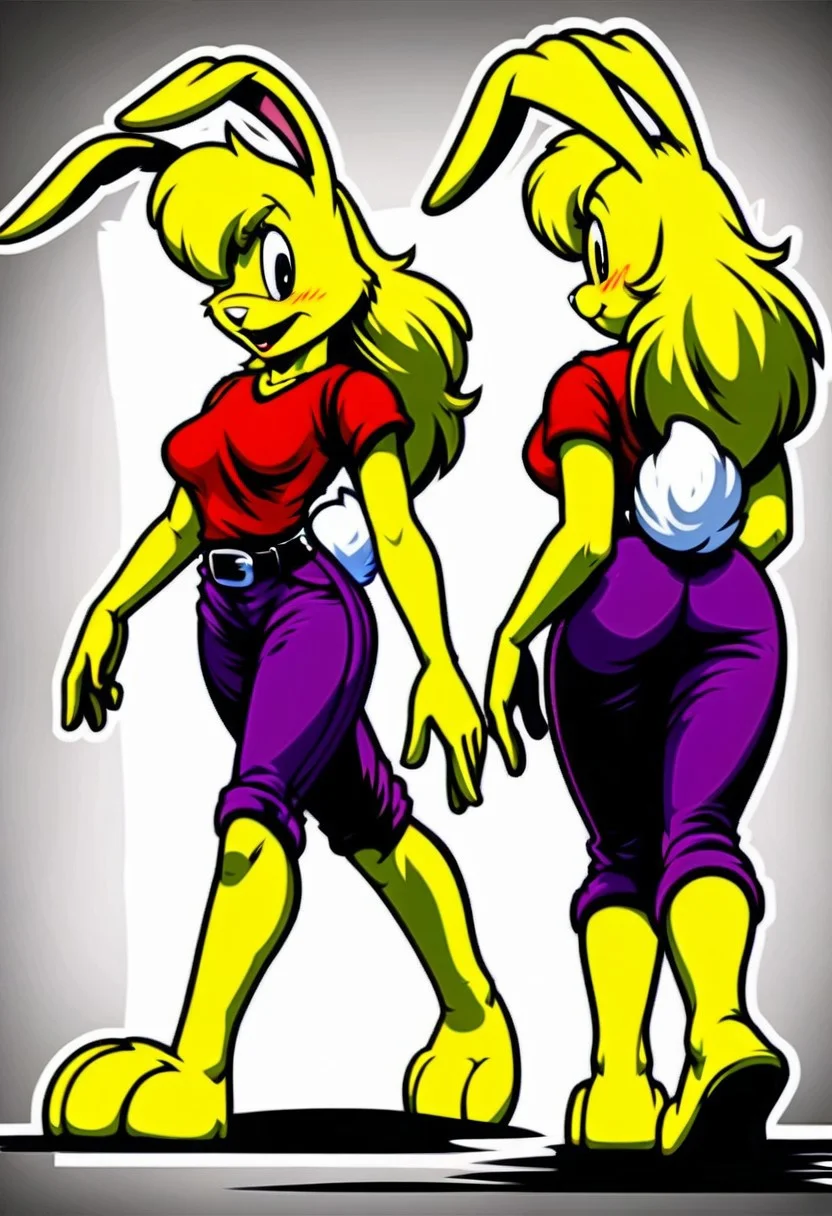 score_9, score_8_up, score_7_up, score_6_up, score_5_up, score_4_up, retro artstyle, BREAK
LoriJackRabbitPXL, rabbit girl,long yellow hair,yellow skin,1girl, solo,rabbit tail,yellow skin, animal ears, pants, black eyes, colored skin,rabbit ears,long yellow hair, belt, smile, shirt, black belt, open mouth, looking at viewer,rabbit girl,rabbit tail, full body, breasts, standing, furry female, blush, red shirt,purple pants, :d, indoors,barefoot,furry, midriff peek
<lora:lorijackrabbit-v1:0.9>