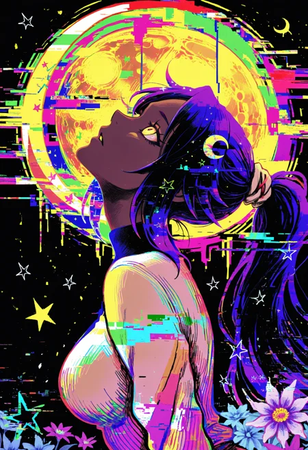 masterpiece, best quality, 1girl, solo, Y0ru1chi, dark-skinned female, yellow eyes, purple hair, long hair, high ponytail, hair tie, from side, looking up, full moon, colorful, hatching \(texture\), star \(symbol\), flower \(symbol\), crescent, psychedelic, horror \(theme\), glitch, <lora:ChamYoruichiNoob:1>, <lora:Gareji_Style_OtonohaAika:1>