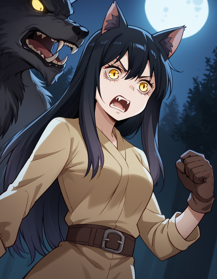 score_9, score_8_up, score_7_up, source_anime, <lora:miko-yotsuya-s1-ponyxl-lora-nochekaiser:1>, miko yotsuya, long hair, bangs, black hair, hair between eyes, yellow eyes, medium breasts,, <lora:werewolf-ponyxl-lora-nochekaiser:1>, werewolf, furry, fangs, animal ears, gloves, angry, teeth, animal ear fluff,, forest, night, moon, open mouth, , dutch angle, cowboy shot