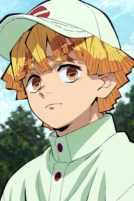 score_9, score_8_up, score_7_up, score_6_up, score_5_up, score_4_up, BREAK source_anime, anime screencap, anime coloring, , looking at viewer, upper body, depth of field, 1boy, solo, male focus, <lora:zenitsu_agatsuma_pony:0.98>, zenitsu_agatsuma, , , jumper, baseball cap, , Arms extended wide, expressing openness, <lora:sdxl_lightning_8step_lora:1>