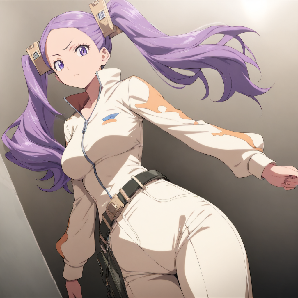 1girl,solo,looking at viewer,cowboy_shot,masterpiece,high score,great score,absurdres,<lora:Wahanly_Shume ag4o v1:1> wahanly_shume, purple hair, twintails, purple eyes,belt,pants,