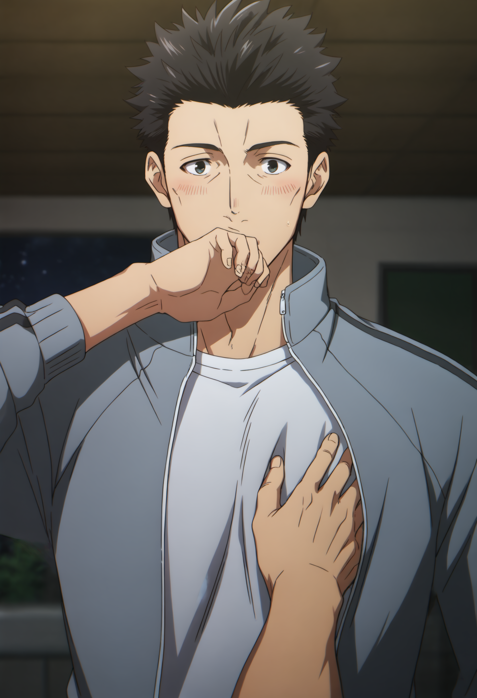 2boys, solo_focus, ooiwa_Iseleve, black eyes, black hair, spiked hair, light blue sport jacket, (((open jacket))), long sleeves, (((white_undershirt))), score_8_up, score_7_up, score_6_up, score_9, manly, muscle, old man, a muscular man in dark school storeroom, centered, looking at viewer, face_focus, (detailed eyes), 8k uhd, high quality, anime color, cinematic angle, night, front view, standing, (((a out of frame hand on chest))), open hand, hand cover mouth, timid, blush