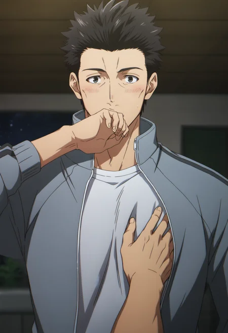 2boys, solo_focus, ooiwa_Iseleve, black eyes, black hair, spiked hair, light blue sport jacket, (((open jacket))), long sleeves, (((white_undershirt))), score_8_up, score_7_up, score_6_up, score_9, manly, muscle, old man, a muscular man in dark school storeroom, centered, looking at viewer, face_focus, (detailed eyes), 8k uhd, high quality, anime color, cinematic angle, night, front view, standing, (((a out of frame hand on chest))), open hand, hand cover mouth, timid, blush