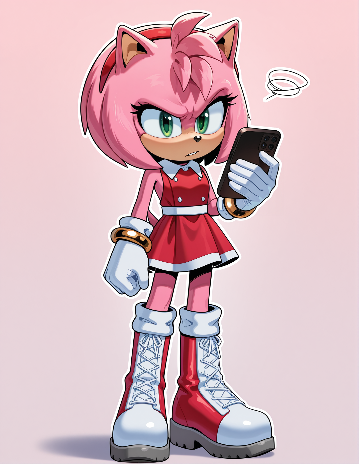 1girl, solo, full body, no humans, sonic \(series\), 
<lora:Movie-Amy:1> movieamy, pink fur, green eyes, animal nose, body fur, hedgehog tail, petite, short legs,
short hair, bob cut, red hairband,
red dress, sleeveless dress, backless outfit, white belt, collared dress, gold bracelet,
white socks, white gloves, standing, lace-up boots, red boots, white boots, two-tone boots, looking at viewer,
standing, looking at phone, slight scowl, furrowed brows, annoyed vibe, extremely detailed, highres, masterpiece, best quality