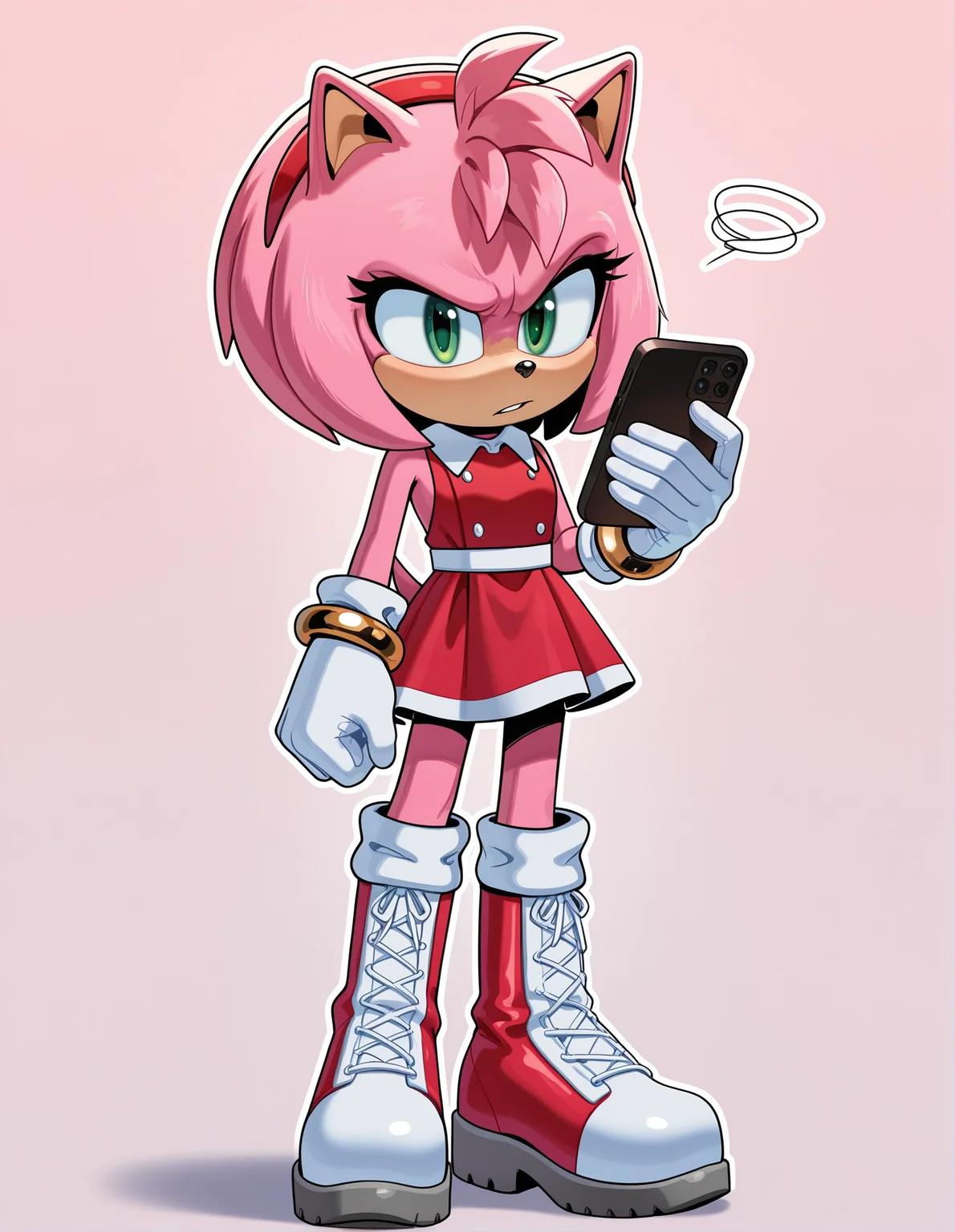 1girl, solo, full body, no humans, sonic \(series\),
<lora:Movie-Amy:1> movieamy, pink fur, green eyes, animal nose, body fur, hedgehog tail, petite, short legs,
short hair, bob cut, red hairband,
red dress, sleeveless dress, backless outfit, white belt, collared dress, gold bracelet,
white socks, white gloves, standing, lace-up boots, red boots, white boots, two-tone boots, looking at viewer,
standing, looking at phone, slight scowl, furrowed brows, annoyed vibe, extremely detailed, highres, masterpiece, best quality